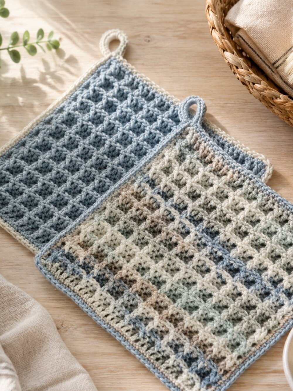 Handmade Crochet Dishcloth Set - Home Accents - Blue Beige White - 100% Cotton